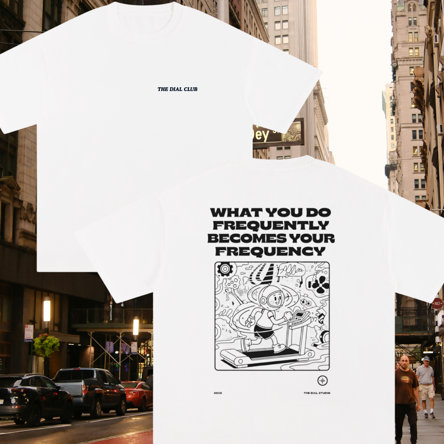 White t-shirt with graphic design and text on a city street background